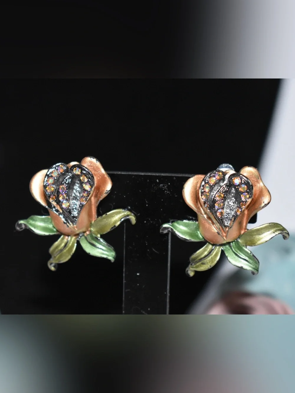 Rose Flower Clip On Earrings with Rhinestones